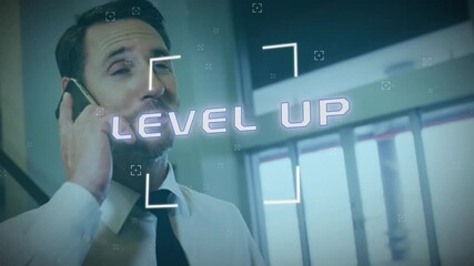 Poster - Animation of level up text and data processing over caucasian businessman using smartphone