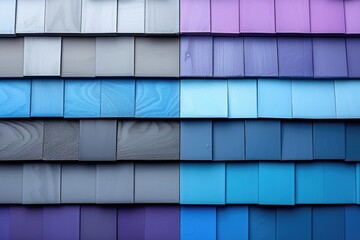 Poster - A Wall of Interlocking Wooden Tiles in Various Shades of Blue, Purple, and Gray