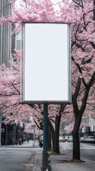 Blank billboard in an urban street lined with cherry blossom trees, offering a contrast between nature's beauty and city life, with space for advertisement or message