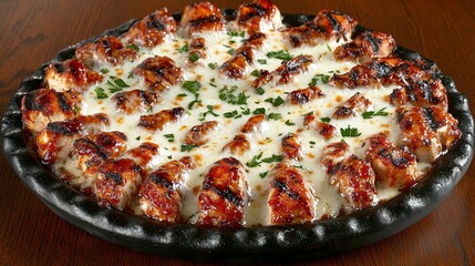   A pizza rests atop a wooden table with cheese and green garnish