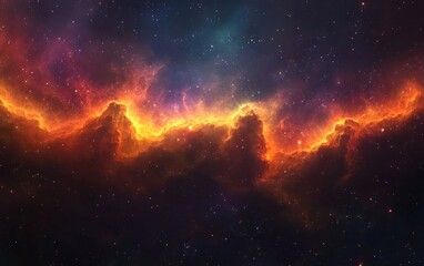 Wall Mural - A vibrant cosmic scene depicting a colorful nebula with fiery edges and a starry background, evoking wonder and exploration.