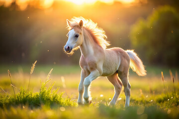 A small brown horse is running through a field of grass. The sun is shining brightly, casting a warm glow on the scene. The horse's mane is flowing in the wind, adding to the sense of freedom