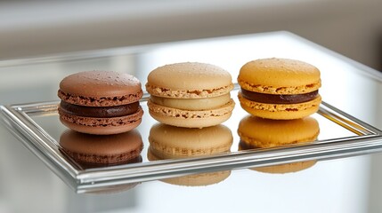 Canvas Print -   Three macaroons rest on a metal tray beside a glass table and another macaroon