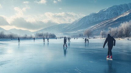 Frozen lake with ice skaters, scenic winter landscape, mountains in background