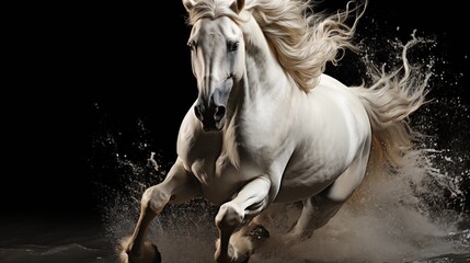 Wall Mural - Majestic white horse galloping on a dramatic black background.