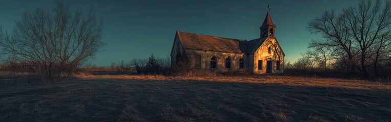 Canvas Print - An abandoned church stands in a desolate landscape during twilight.