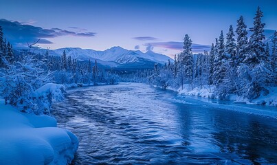 Wall Mural - Morning light casting a blue hue over the tree-lined river flowing through the snowy landscape with mountaintops in the distance; Whitehorse, Yukon, Canada