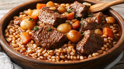 Poster -   A zoomed-in photo of a dish containing meat and vegetables, with a wooden spoon resting nearby on a table surface