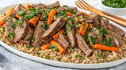 Poster -  A meal of meat, carrots, and rice on a table with chopsticks and a side of greens