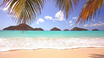 Sticker -   A picture of a beach with a palm tree in the foreground and mountains in the background