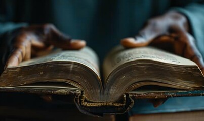 of close-up of a black anonymous person hands gently turning the pages of an open book on table with a warm light overhead