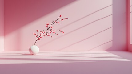 Poster -   A white vase with red flowers sits on a pink surface beneath a shadow of a wall and window