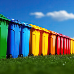 A vibrant line of colorful recycling bins on green grass under a clear blue sky, promoting eco-friendly waste management.