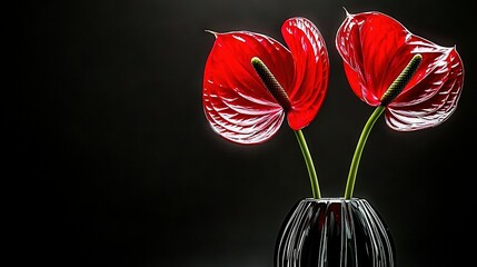   Two red flowers in a black vase on a dark background with light illuminating the base of the vase