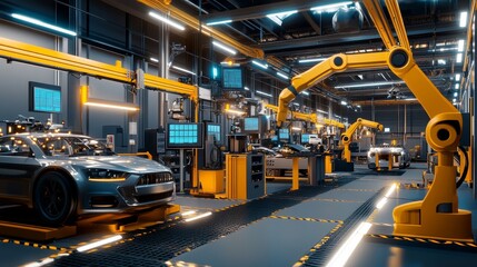 Wall Mural - A modern automotive factory featuring robotic arms and vehicles in a high-tech assembly line.