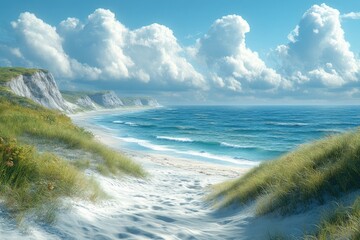 Wall Mural - Coastal View of a White Sandy Beach with Green Grass and Blue Ocean