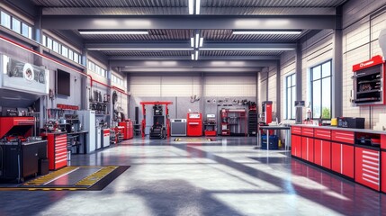 Poster - A modern workshop filled with tools and equipment for automotive or mechanical work.