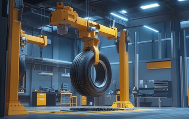 A modern workshop featuring a tire being lifted by an industrial crane, showcasing advanced machinery and tools.