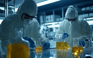 Poster - Scientists in protective gear conducting experiments with yellow liquids in a laboratory setting.