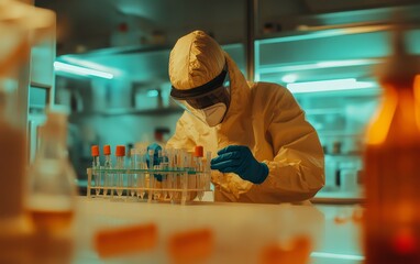 Poster - A scientist in protective gear conducts experiments in a laboratory filled with test tubes and scientific equipment.