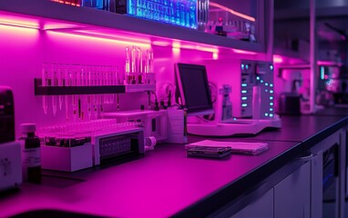 Poster - A modern laboratory workspace illuminated with vibrant pink lighting, featuring various scientific equipment and glassware.