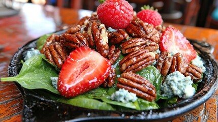 Sticker -   A platter of pecans, strawberries, spinach, blue cheese, and pecans on a table