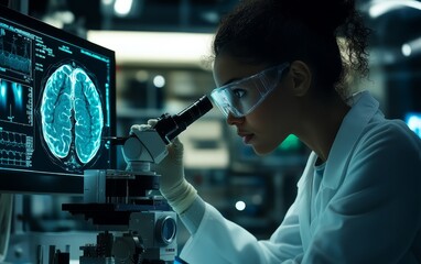 Poster - A scientist examines brain scans under a microscope in a modern laboratory setting.
