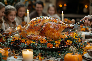 A joyful family gathered around a beautifully set table as the Thanksgiving turkey is being carved. The warm indoor lighting highlights the golden skin of the turkey and the excitement of the holiday 