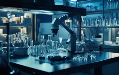 Poster - A modern laboratory filled with glassware and a microscope, showcasing a scientific research environment.