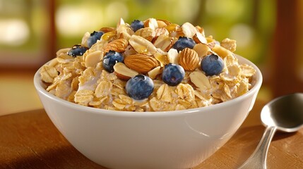   A bowl of oatmeal with blueberries, almonds, and almonds on a wooden table