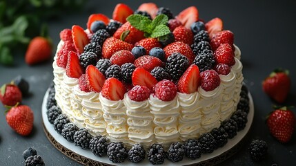   A white-frosted cake topped with fresh berries and mint leaves sits beside a mound of blackberries and raspberries on a plate