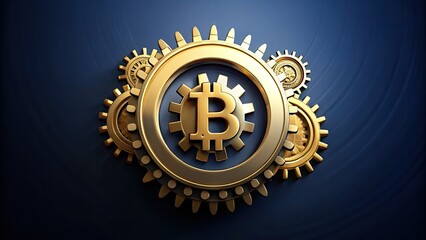 Golden cryptocurrency emblem featuring interlocking gears and a bold, modern font on a dark blue background, symbolizing innovation and financial freedom.