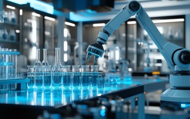 Poster - A robotic arm in a modern laboratory setting, interacting with glassware for scientific experiments.