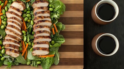   Close-up of a plate of food with meat and veggies, alongside two mugs of coffee on a table