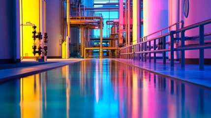 Wall Mural - A vibrant industrial setting with colorful lighting reflecting on a water surface, showcasing modern engineering design.