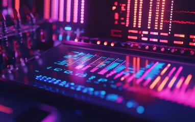 Poster - A vibrant, high-tech interface displaying audio visualizations and controls, emphasizing modern sound engineering.