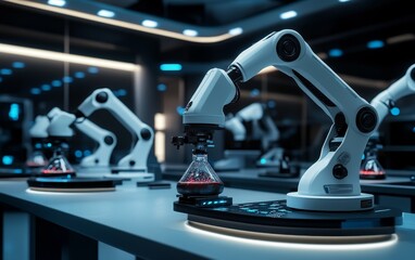 Poster - A futuristic laboratory featuring robotic arms conducting experiments with flasks.