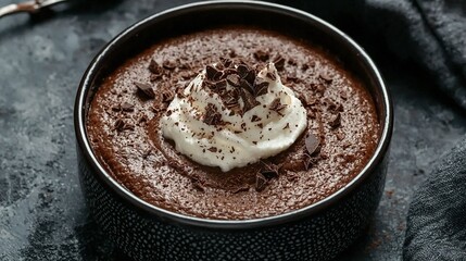 Wall Mural -   A close-up of a bowl of chocolate topped with whipped cream and surrounded by chocolate chips