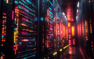 Poster - A vibrant data center filled with illuminated server racks, showcasing technology and digital infrastructure.