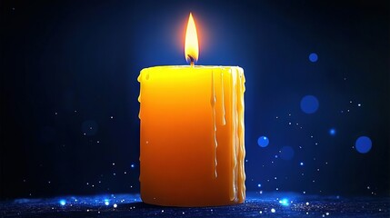 Canvas Print -   A candle sits atop a table against a blue-black backdrop with shimmering light emanating from its top