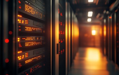 Poster - A dimly lit server room with illuminated racks, showcasing data storage technology and infrastructure.