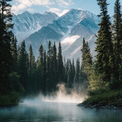 Wall Mural - Mist rises over a tranquil river surrounded by mountains and trees