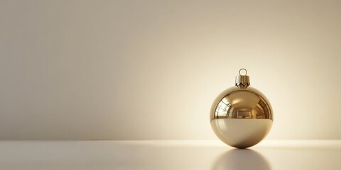 Wall Mural - A gold Christmas ornament on a snowy surface with blurred festive lights behind