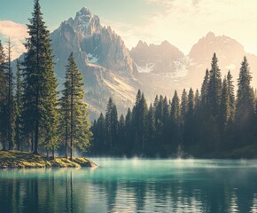 Wall Mural - Serene mountain landscape with crystal-clear lake at sunrise