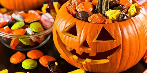 Wall Mural -   A Jack-O'-Lantern-pumpkin filled with candy sits near a bowl of candy on a table