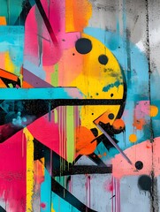 Abstract graffiti mural on concrete wall, vibrant urban street art with dripping colors