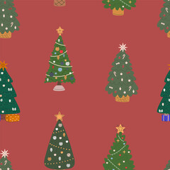 Fir trees vector seamless pattern. Hand drawn spruces on black background. Stylish winter season wallpaper design.