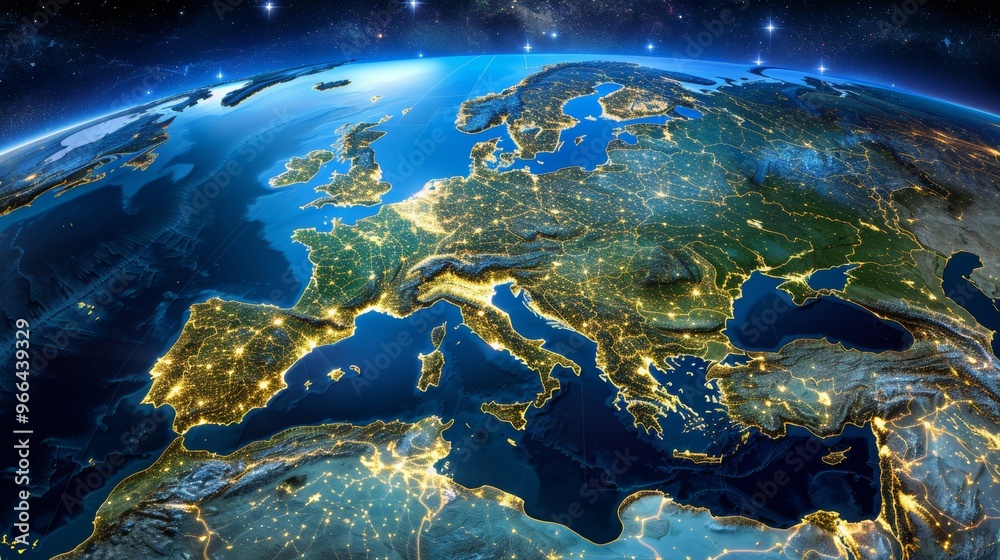 Illuminated map of europe at night with vibrant yellow and orange city ...