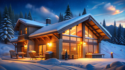 Cozy mountain ski lodge with glowing lights and skis outside in a snowy setting