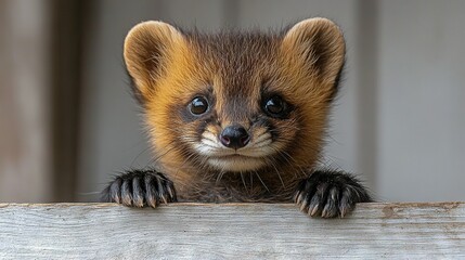 Poster -   A close-up of a small animal perched atop a wooden fence, its paws gripping the edge